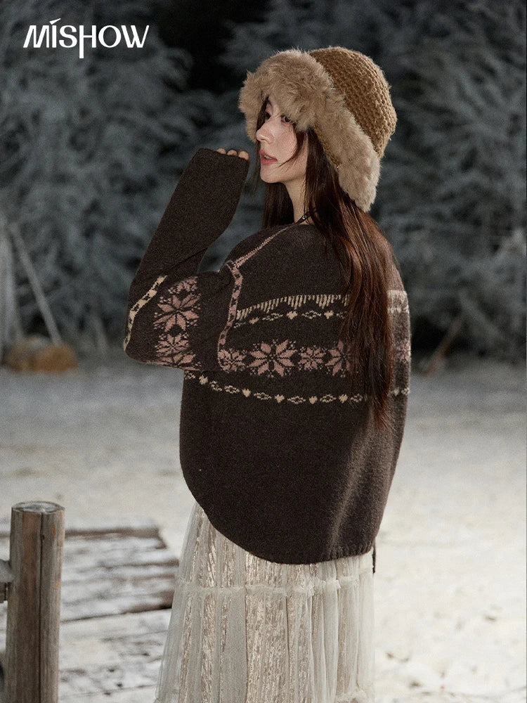 MISHOW Women's Pullovers 2025 Winter Retro Brown Loose Crew Neck Snowflake Jacquard Sweaters Commute Warm Knit Top MXE86Z2655