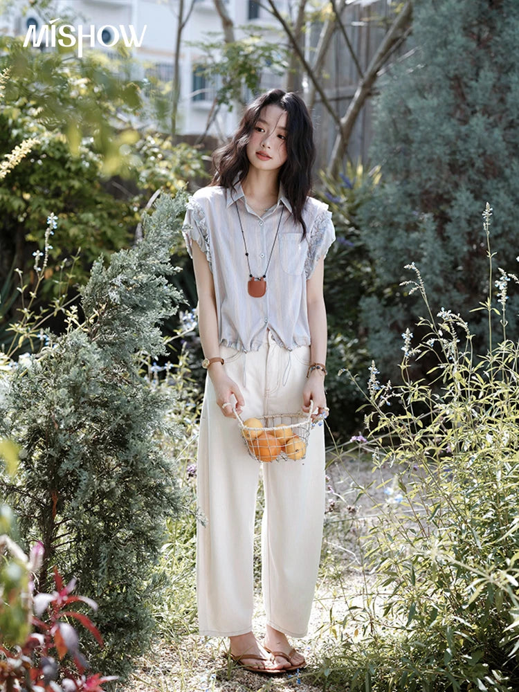 MISHOW Women's Short Sleeve Shirt 2025 Summer Ladies Turn-down Collar Button Shirt Casual Striped Top Female Clothing MXE38C2347