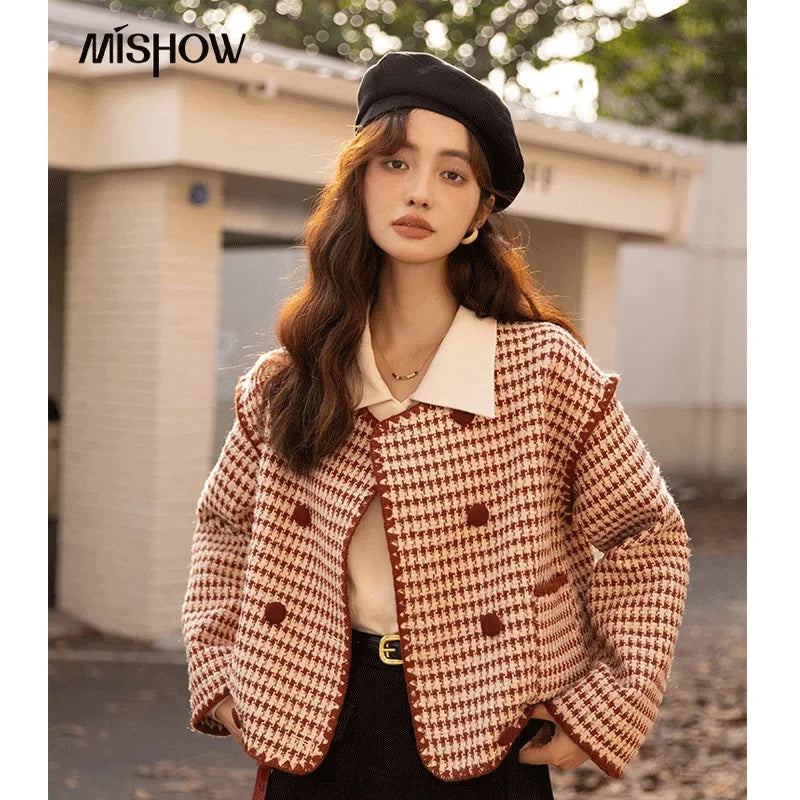 MISHOW Elegant Plaid Wool Blend Short Coat for Women 2024 Autumn Winter Jackets Female Warm Fashion New Outerwears MXB42W0479