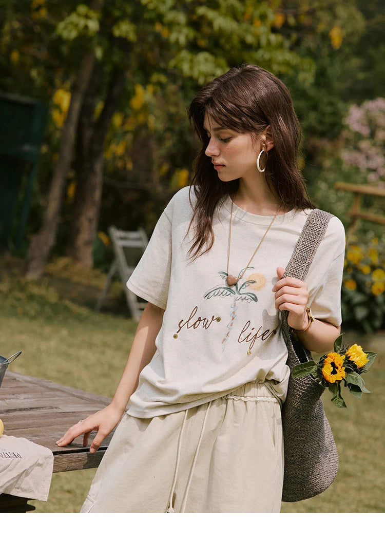 MISHOW Casual Summer Print Shirts Women 2025 Short Sleeve Round Neck Coconut Tree Straight T-shirts Woman Versatile MXE31T0520