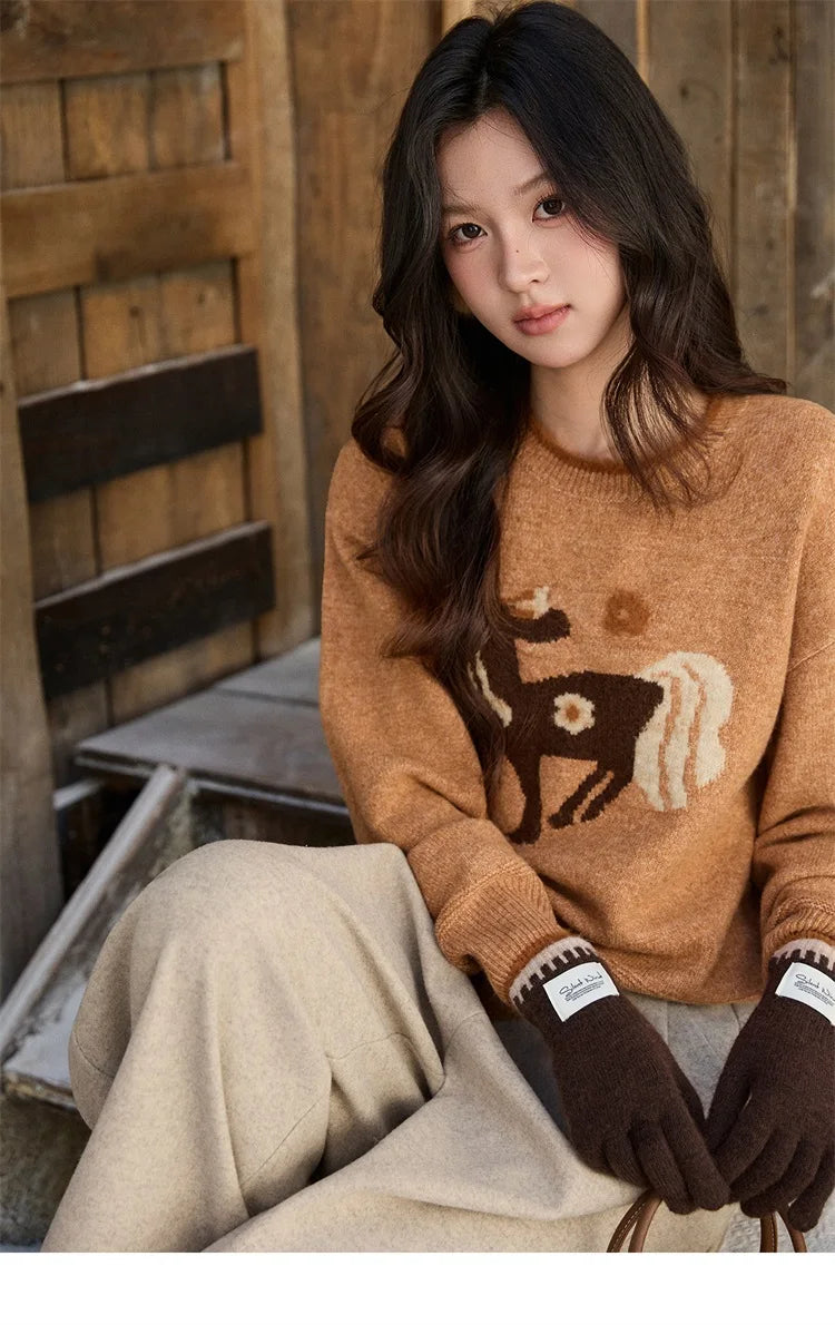 MISHOW Women's Horse Pattern Knit Sweater Winter Crew Neck Sweaters Collar Cuffs Splice Contrasting Faux Mink Fur Top MXE94Z2863