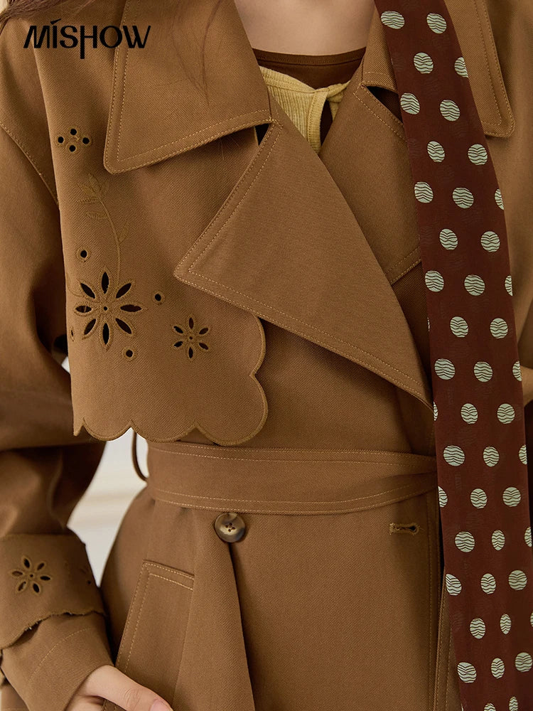 MISHOW Hollow Flower Trench Coat for Women Autumn 2025 Double Breasted Retro Trench with Slant Pocket Belt Coats MXE46W0838