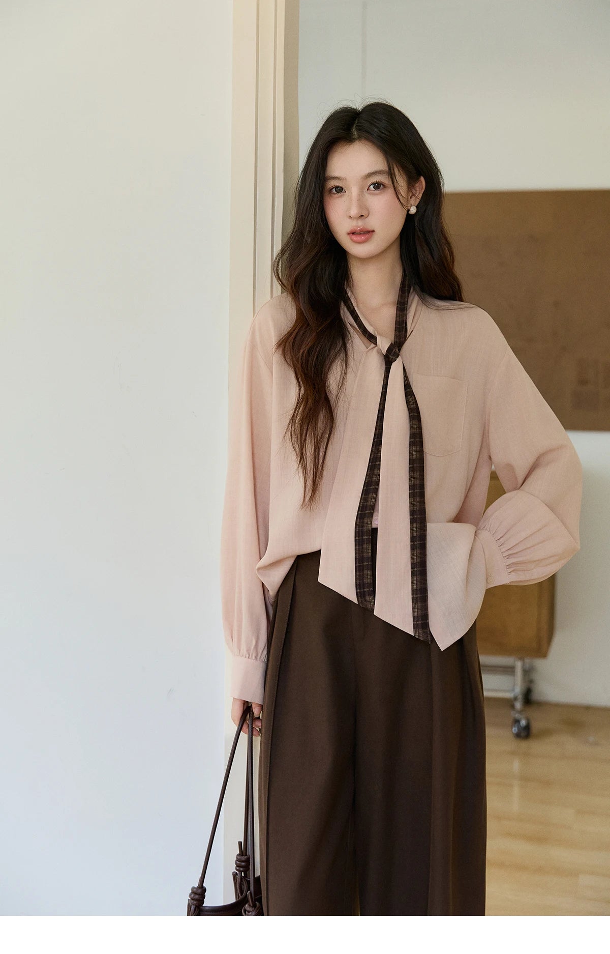 MISHOW Women's Dusty Pink Shirts Spring Plaid Tie Neck Loose Casual Shirt 100 Lyocell Lantern Sleeve Top Office Lady MXF108C0817