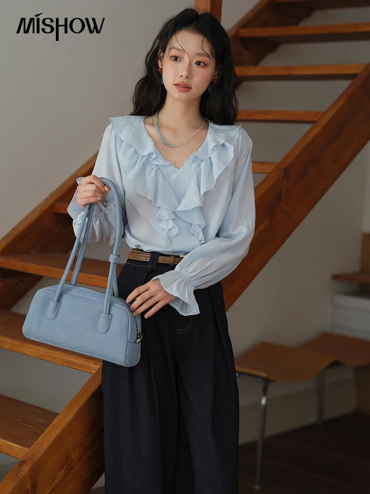 MISHOW Blue Lyocell Ruffled Shirt 2025 Autumn V-neck Flared Sleeves V-neck Shirts Commuting Elegant Versatile Tops MXE41X1969
