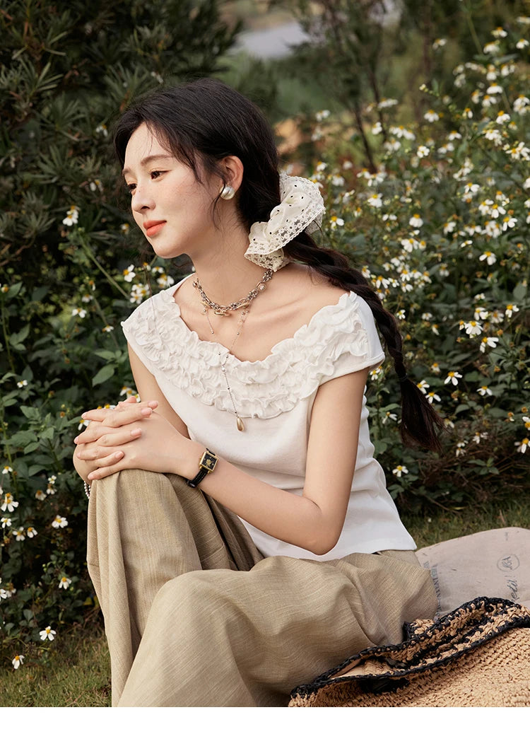 MISHOW French Stringy Selvedge One Neck T-shirt for Women Summer 2025 Raglan Sleeves Wool Short Top Sexy Solid Tees MXE34T0605