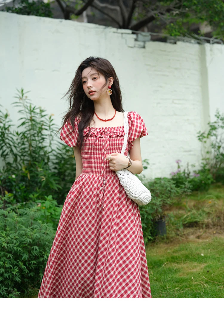 MISHOW Women's Retro Red Plaid Dress 2025 Summer New Square Neck Lace Up Hollow Out Spliced Dresses Women's Clothing MXE39L2324