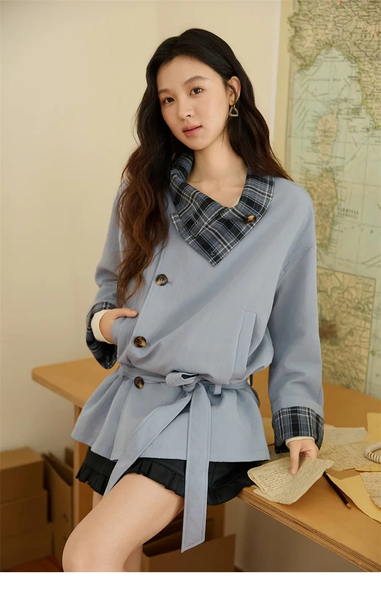 MISHOW Two Sided Outerwear Trench for Women Autumn Winter 2025 Blue Plaid Patchwork Diagonal Placket Belt Trench MXE48W0871