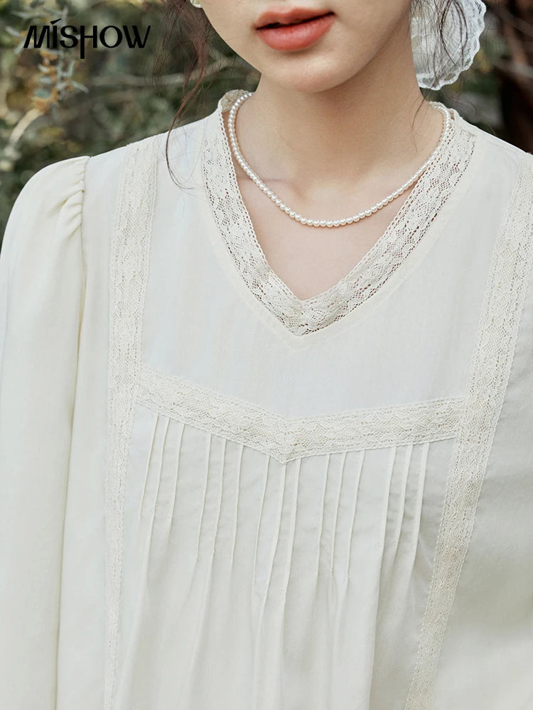 MISHOW Women's Lyocell Blouse 2025 Spring Summer Lace V-neck Commuting Top Puff Sleeve Solid Loose Blouse Office Lady MXE15X1735