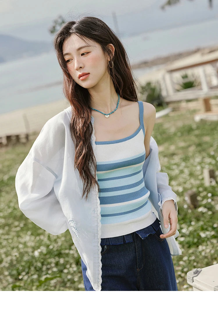 MISHOW Blue Striped Camisole Summer Women New 2025 Square Collar Loose Office Lady Tops Female Fashion Design Sense MXE31Z1221
