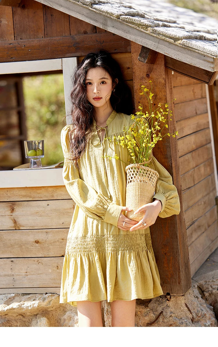 MISHOW Folded Lace Up Dress for Women Spring 2025 Solid V-neck Loose Chiffon Doll Dress Puff Sleeve Knee-Length Dress MXE11L2113