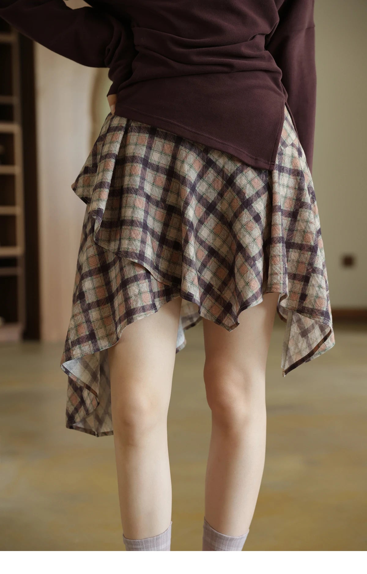 MISHOW Purple Plaid Irregular Skirt for Women Autumn 2025 Linen Blend Invisible Zipper Short Skirt Ruffle Hem Skirts MXE42B2395