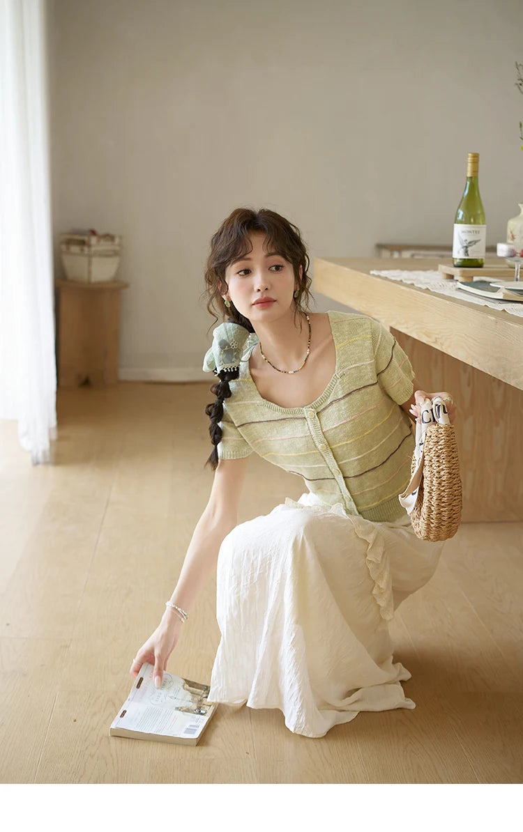 MISHOW Eegnat Lace Edge Skirt for Women Summer 2025 Ruffle Edge High Waist Slim A-line Long Skirt Solid Cake Skirts MXD30B0385