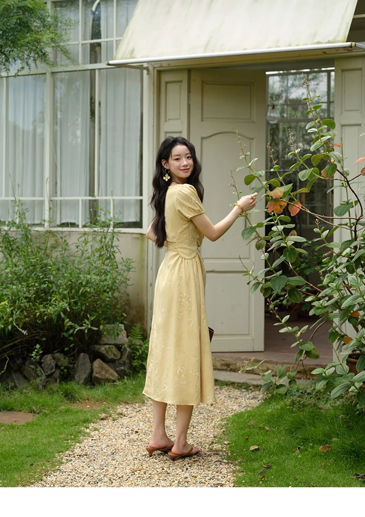 MISHOW Women's Clothing Fashion Square Neck Puff Sleeve Dress Summer 2025 New Bamboo Leaf Jacquard Pattern Dresses MXE39L2415