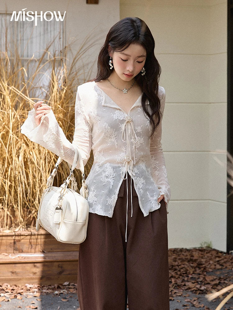 MISHOW White Shirt Women 2025 Autumn New French Romantic Sexy Slim Flared Sleeves Top Commute Luxury Lace Shirt  MXE49X2511