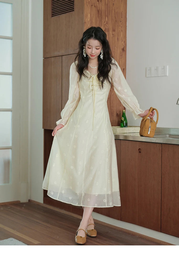 MISHOW Women's Cashew Flower Embroidered Dress 2025 Autumn V-neck Drawstring Long Sleeves Ladies Elegant Slim Dresses MXE41L2387