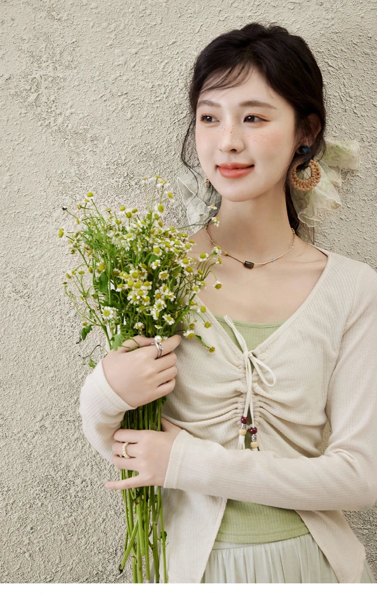 MISHOW Women's Fake Two Patchwork Knitted Spring 2025 Contrast Drawstring Strap Lace-up Tops Retro V-neck Thin Top MXE15Z1185