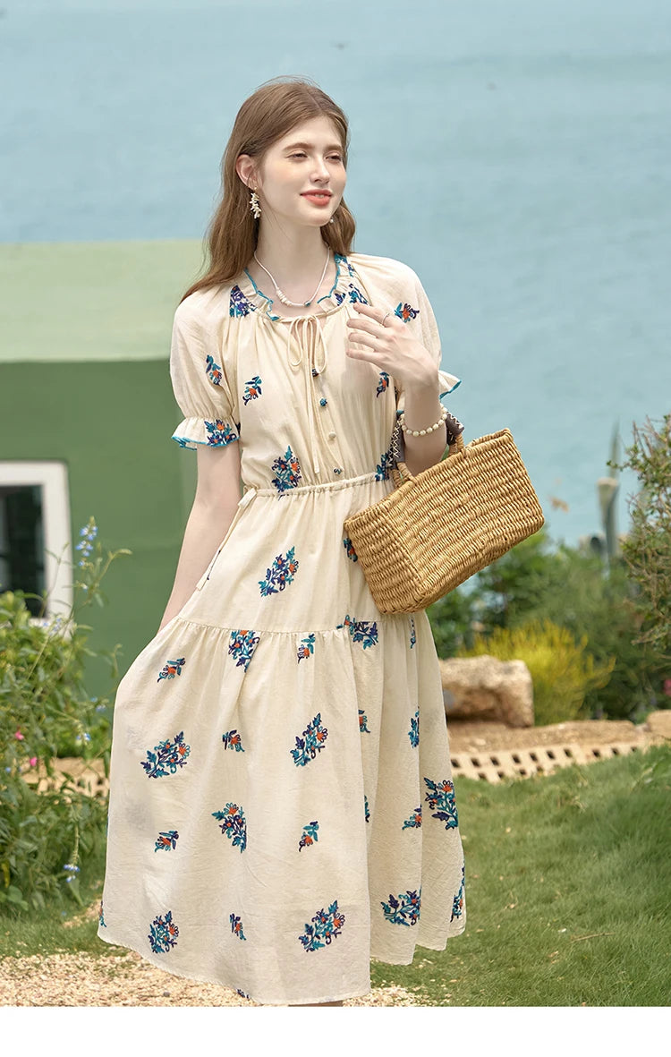 MISHOW French Romantic Dress 2024 Summer Women Embroidered Flower Fairycore Dresses Elastic Waist Drawstring Dress MXD24L1835