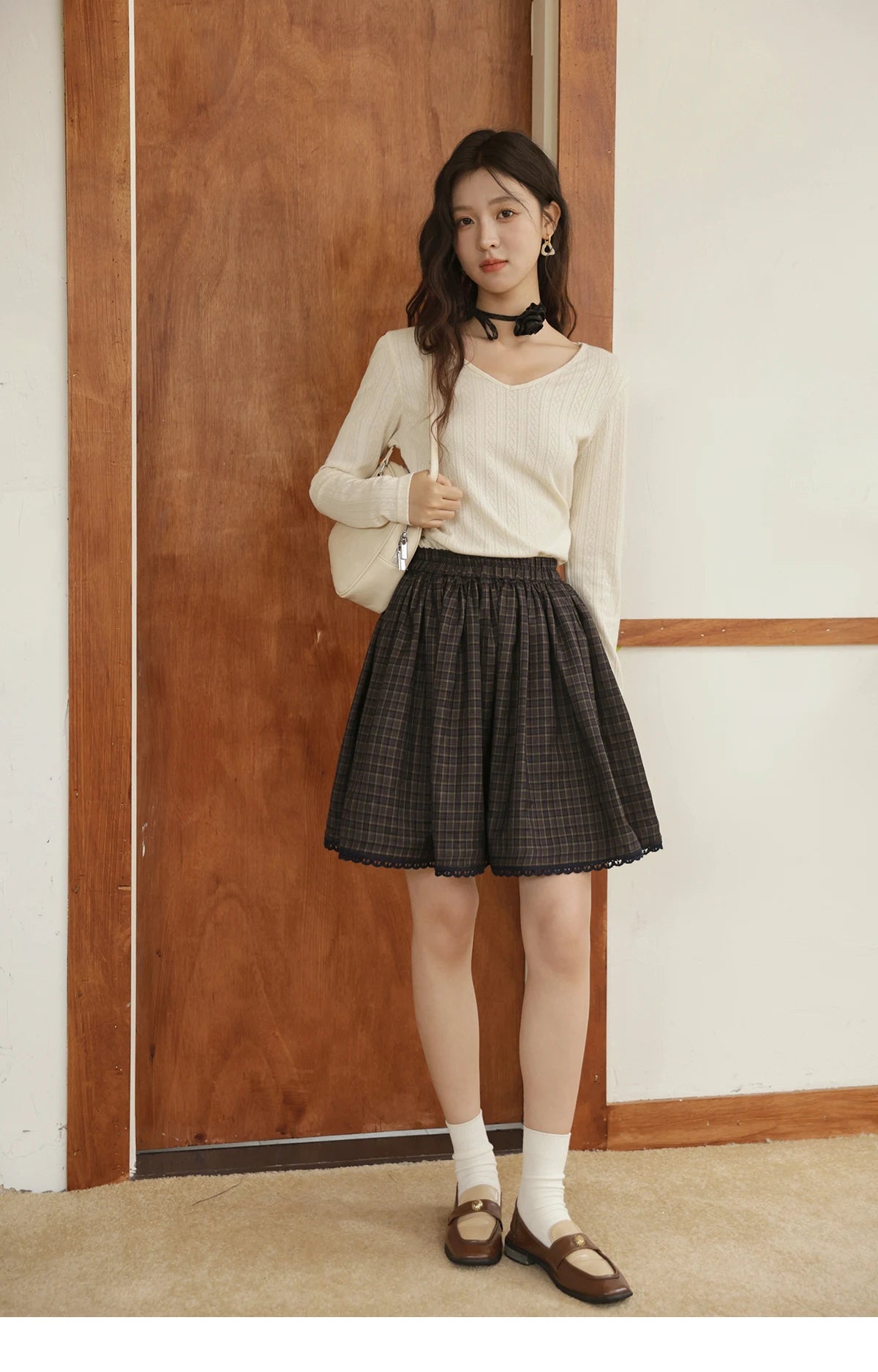 MISHOW Green Plaid Short Skirt Autumn Handmade Flower Tie Brushed Fabric Skirt Elastic Waist Hem Splic Lace Skirts MXE44B2407