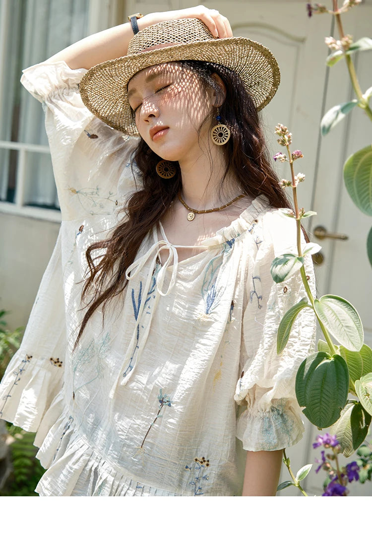 MISHOW Women's V-neck Lace Up Blouse 2025 Summer New Fashion Embroidery Mushroom Edge Commute Top Women's Blouse MXE39X1959