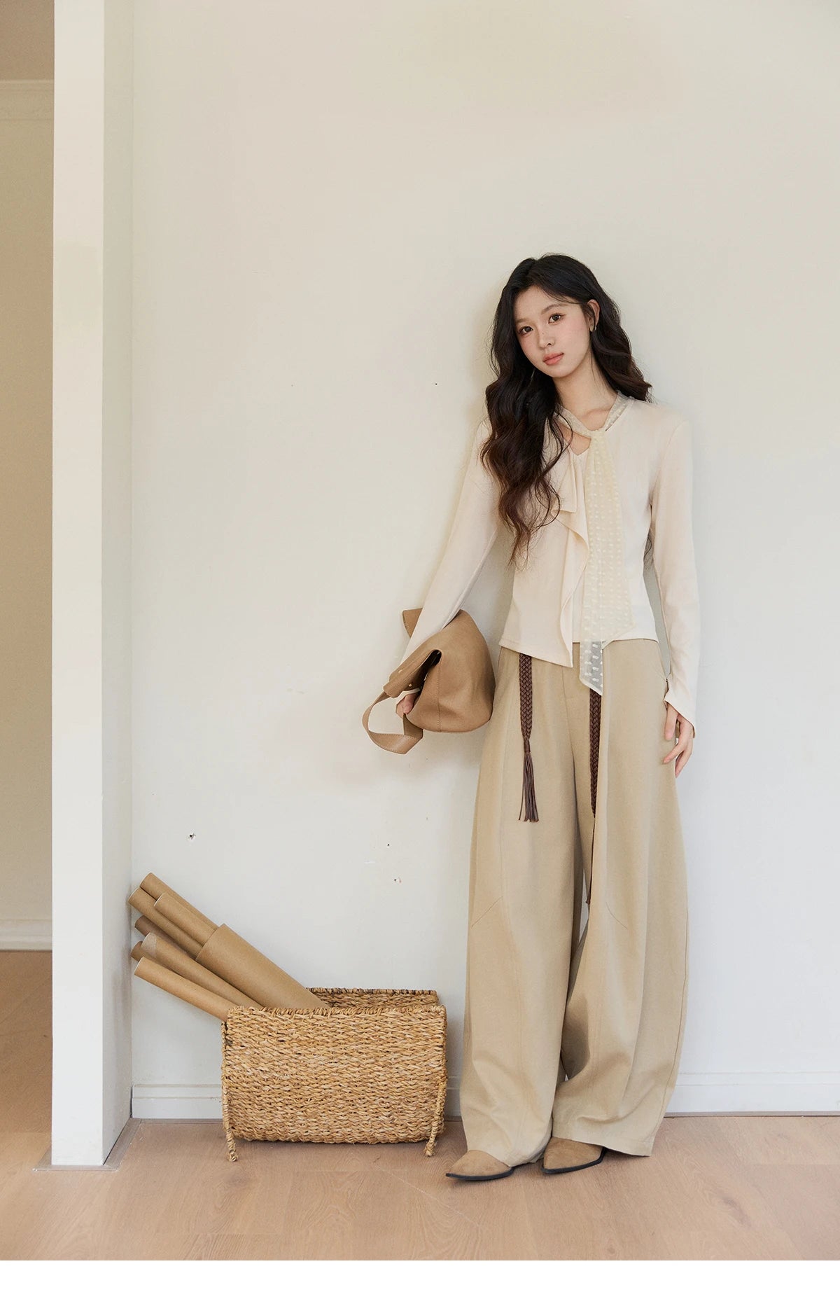 MISHOW Women's V-neck Splicing Lace Ribbon Long Sleeve Tops Spring Ruffled Asymmetrical Hem Flare Sleeve Knitwear MXF108Z1016