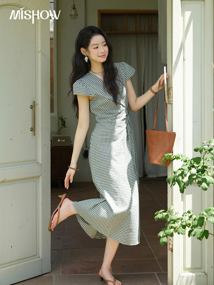 MISHOW Women's Fashion V-neck Dress 2025 Summer Office Lady Plaid Waist Cinched Sashes Short Sleeve Female Dresses MXE39L2410