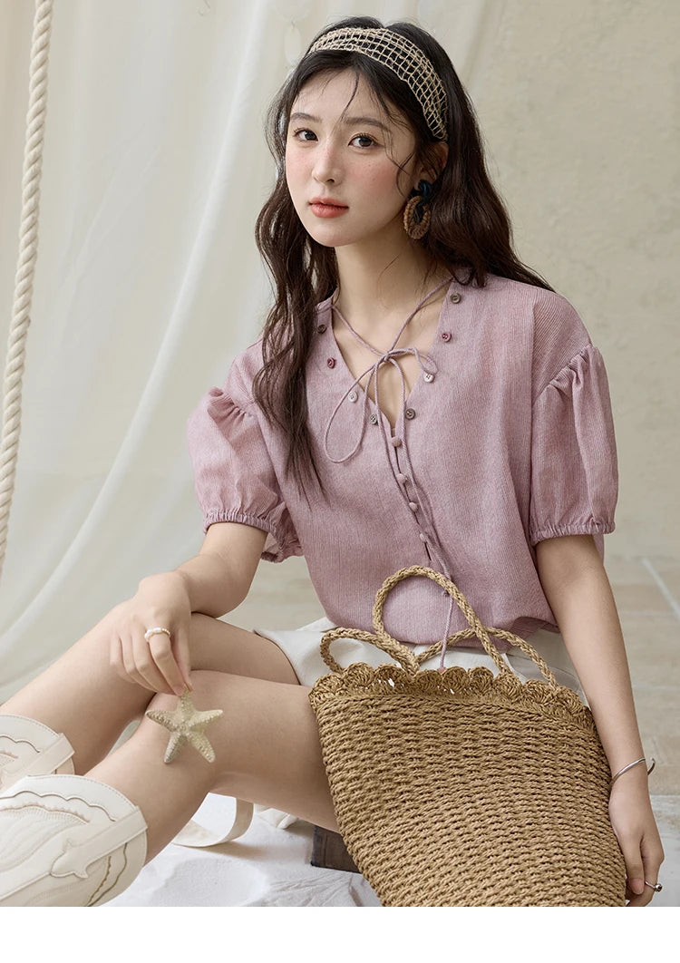MISHOW French Summer Blouses Women Solid Short Puff Sleeve V-neck Lace-up Design Shirts Female Fashion Straight Tops MXE33X1743