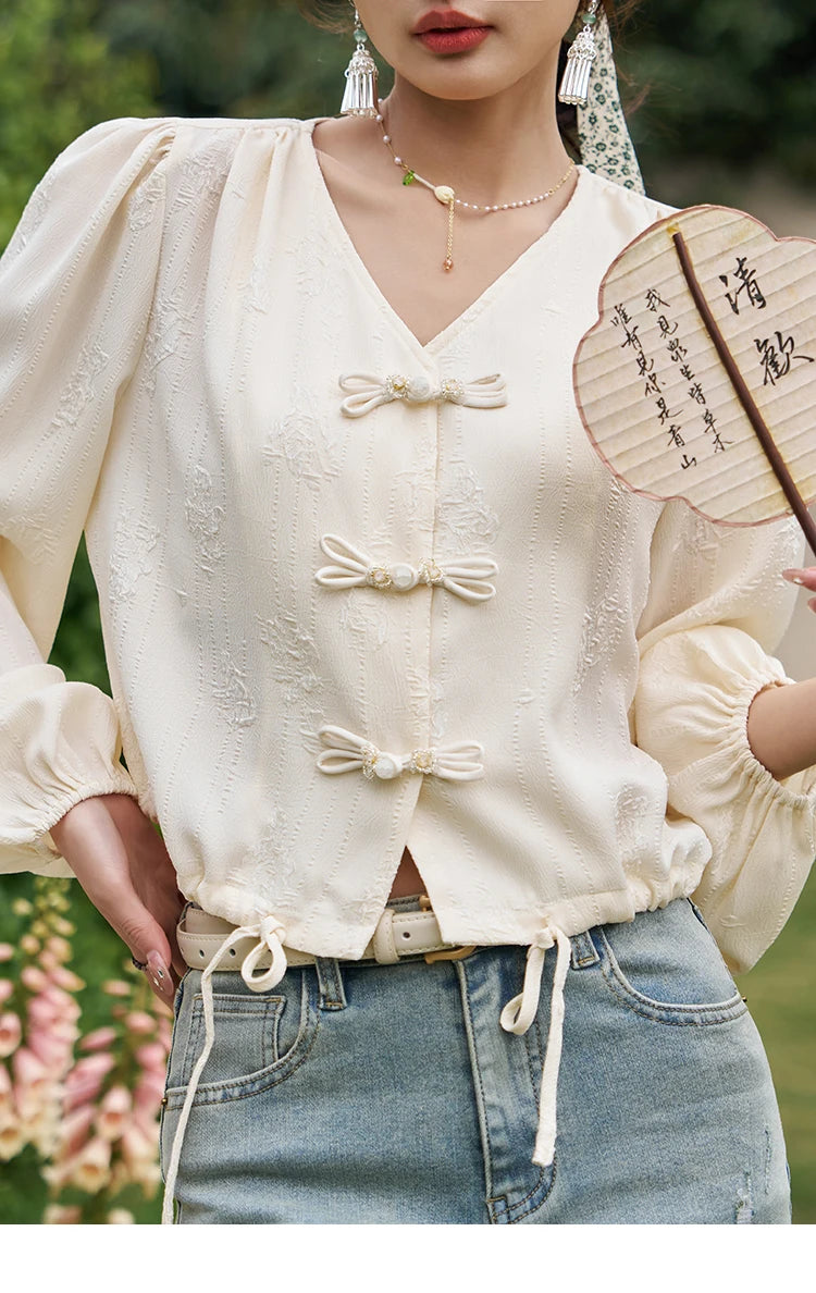 MISHOW Chinese Button Up Single Row Shirt for Women 2024 Spring Jacquard Hem Drawstring Puff Sleeve Solid Loose Top MXD14X1386