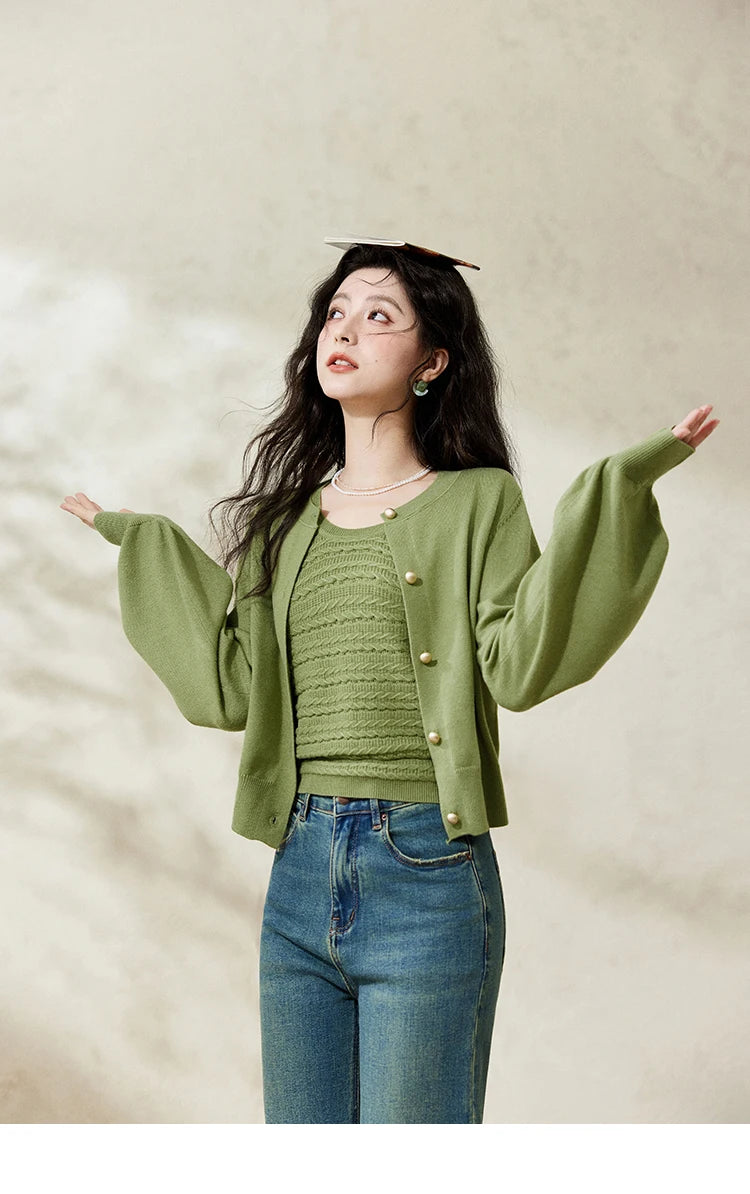 Mishow Avocado Green Metal Button Crochet Cardigan MXE11Z1188