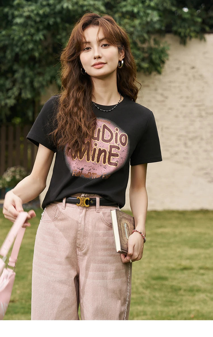 MISHOW Letter Print Short Sleeve T-shirt for Women 2024 Spring Summer New Loose Casual Tshirt Woman Crew Neck Tee Top MXD13T0164