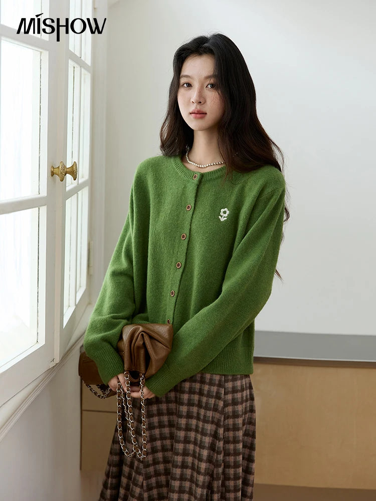 MISHOW Retro Flower Embroidery Cardigan for Women 2025 Round Neck Single Breasted Buckle Loose Knit Autumn Cardigan MXE46Z2588
