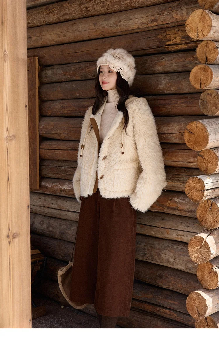 MISHOW Winter Jacket Women 2025 Fashion Beige Knitted Hooded Plush Coat Casual Commute Warm Windproof Short Coat MXE86W0908