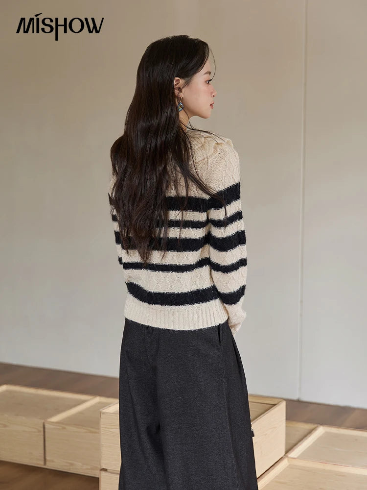 MISHOW Striped Sweater for Women 2025 Autumn New Asymmetrical Ruffled Diamond Shape Knitted Retro Women's Cardigan MXE51Z2633