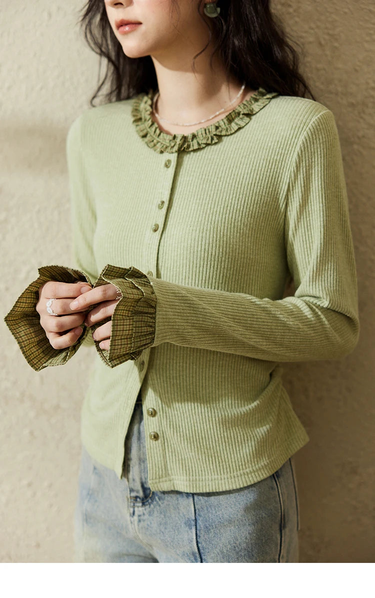 MISHOW Green Plaid Knitted Top 2025 Spring Lotus Leaf Sleeves Tees Slim Long Sleeve Curled Collar Single Breasted Top MXE14Z1152