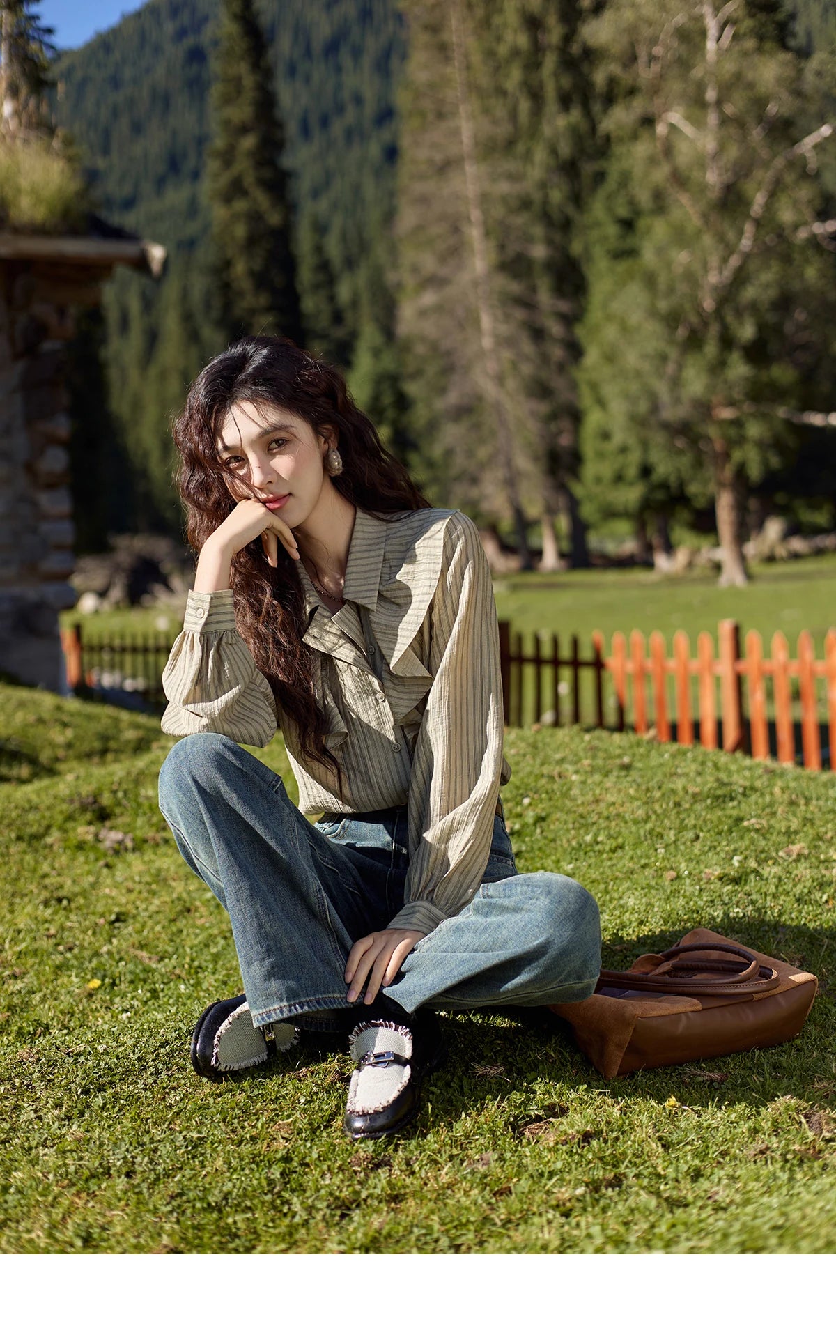 MISHOW Retro Button Long Sleeved Striped Shirt for Women 2024 Autumn Korean Flounce Polo Neck Casual Tops Office Lady MXD41C0321