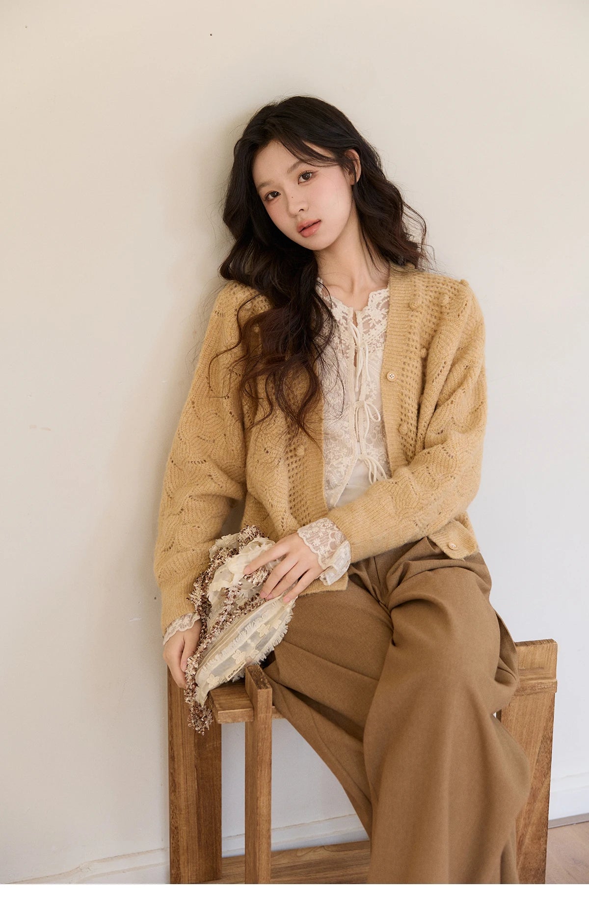 MISHOW Women's Solid Hollow-out Knit Thin Cardigan 2026 Spring V-Neck Bobble Knit tops Casual Loose Knitted Sweater MXF108Z1020