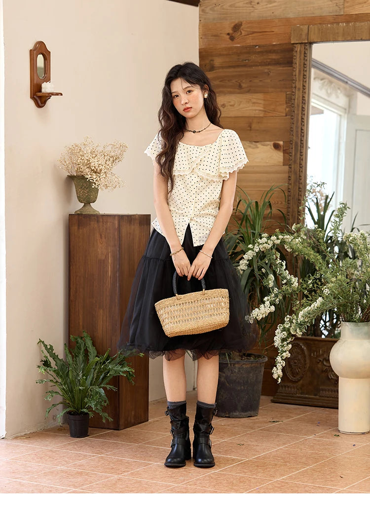 MISHOW Women's Apricot Polka Dot Shirt 2025 Summer French Ruffle Edge Patchwork Lace Shirts Short Sleeved Slim Top MXE34X1783