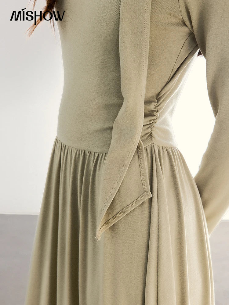 MISHOW Women's Light Green Midi Dress 2026 Spring Cutout Neck Hollow Out Ribbon Dresses Elegant Long Sleeve Dress MXF13L2556