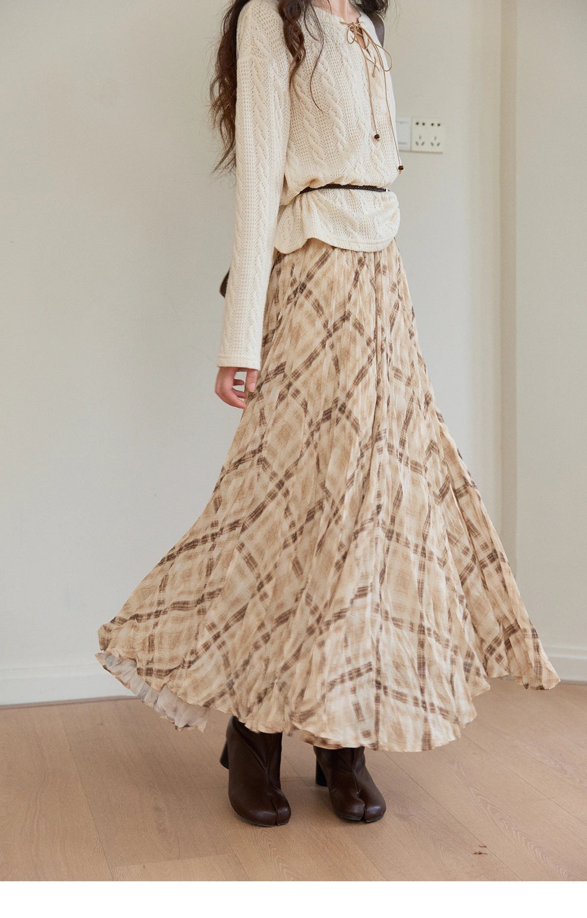 MISHOW Women's Beige Plaid Maxi Skirt 2026 Spring High Waist Flowy A-Line Skirts Elastic Waist Casual Chiffon Skirt MXF108B0769