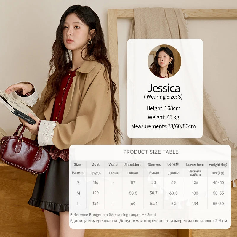 MISHOW Coats for Elegant Women Cotton 2025 Autumn Khaki Ruffled Cuff Splicing Lace Short Trench Coat Casual Jacket MXE45W0831