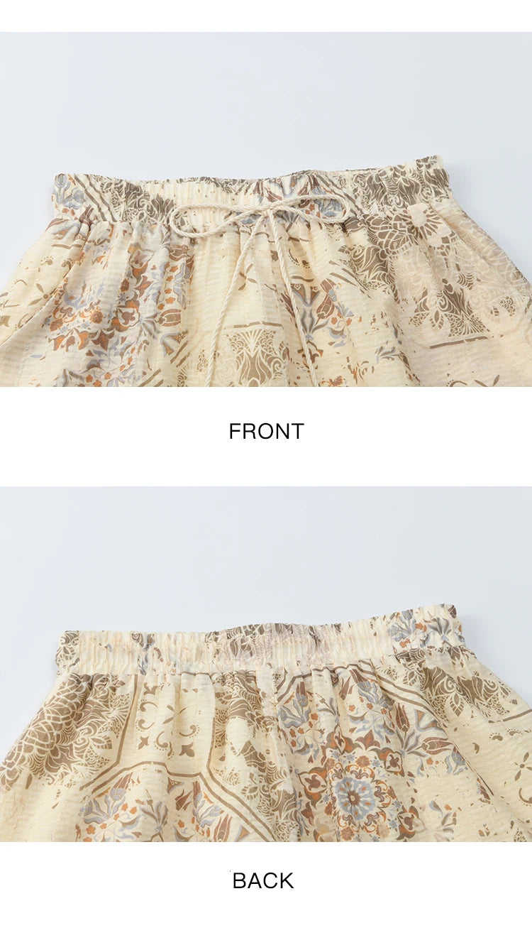 MISHOW Women's Two Piece Set 2025 Summer New Casual Bohemian Print Top Beaded Tassel Drawstring Pocket Shorts Set MXE39T0723