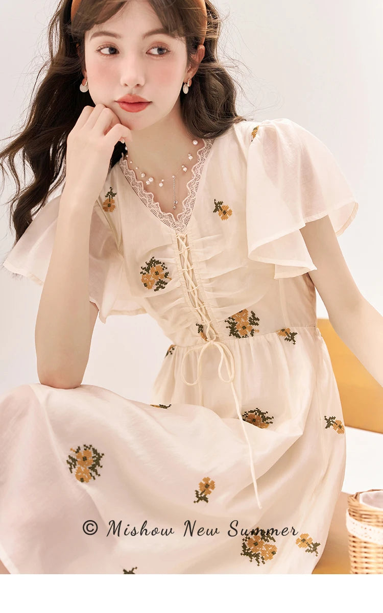 MISHOW [Van Gogh/Sunflower Collection] Embroidered Dress 2023 Summer Sweet Butterfly Sleeve V Neck Lace Splice Dress MXC39L1524