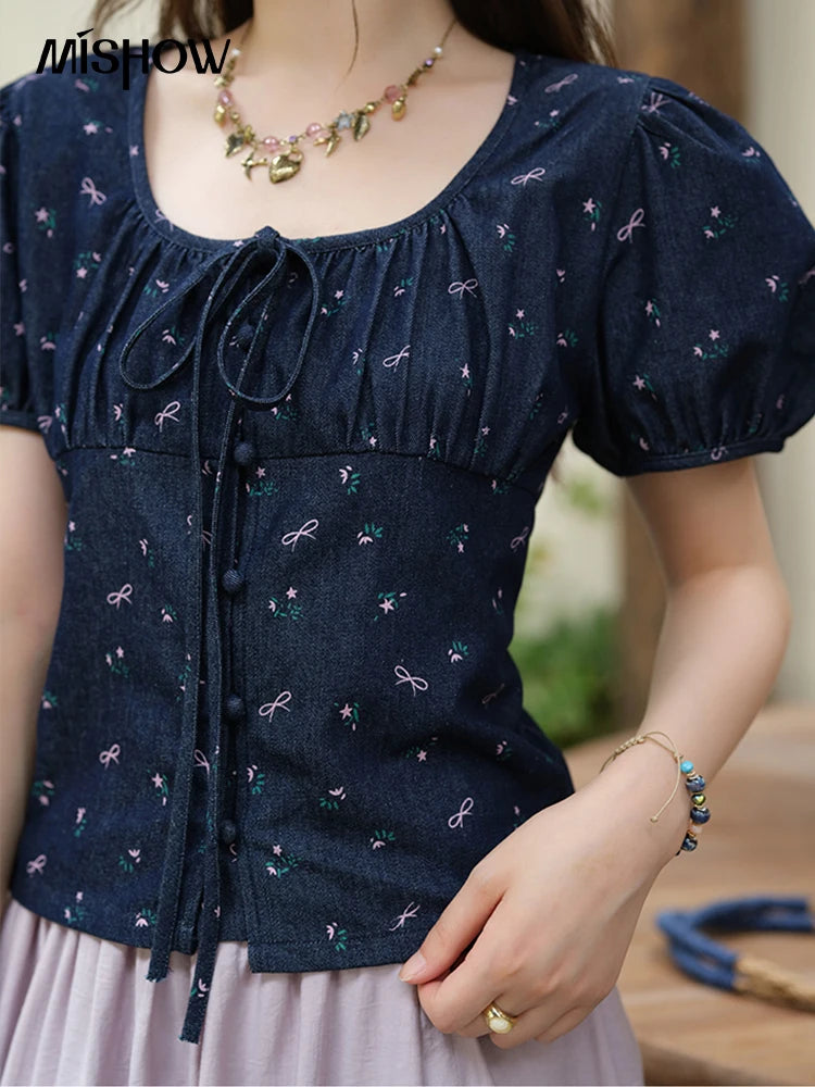 MISHOW Fashion Puff Sleeve Square Neck Blouse for Women 2025 Summer Lace Up Button Print Denim Top Women's Clothing MXE39X1933