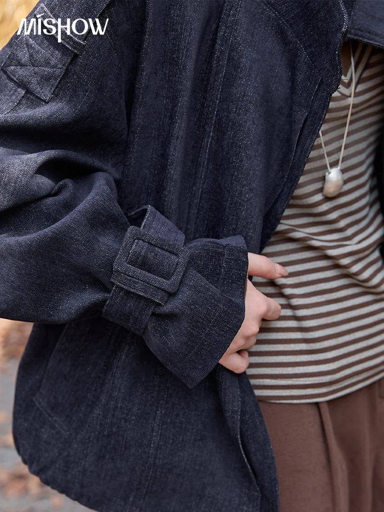 MISHOW Navy Blue Short Jacket for Women 2025 Autumn Winter Safari Style Stand Collar Epaulette Design Cuff Jacket MXE49W0901