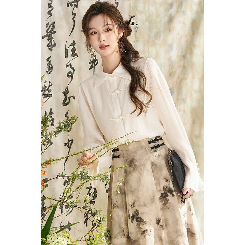 MISHOW Chinese Style Lapel Shirt 2024 Spring Retro Button Pearl Embellishments Folded Cuffs Petal Sleeve Loose Top MXD11X1344