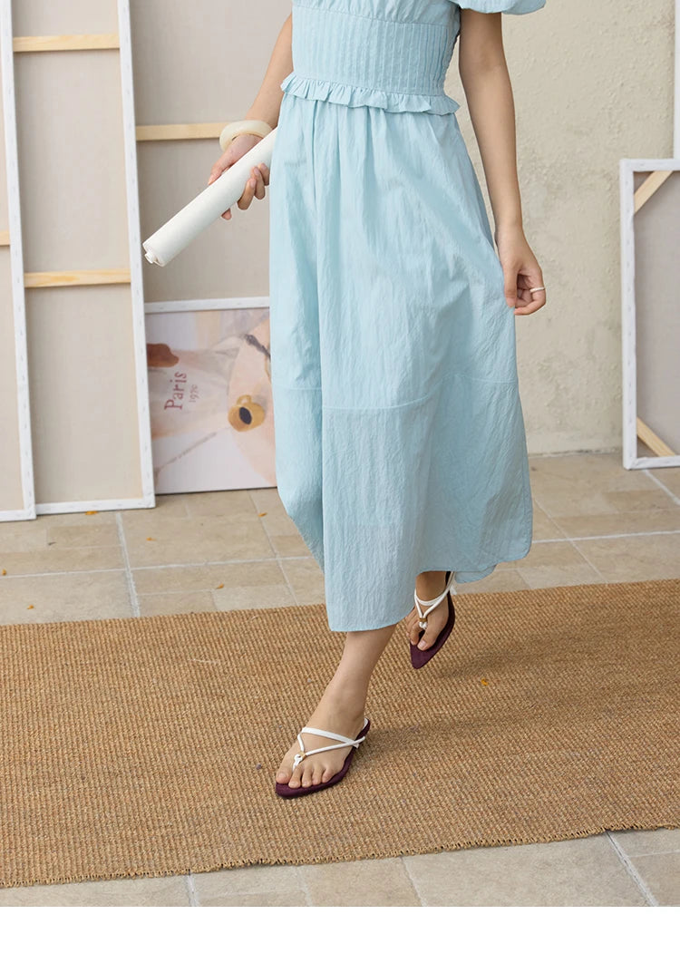 MISHOW French Summer Dresses Women 2025 New Short Puff Sleeve V-neck Solid Cotton Blended Dress Female Slimming MXE34L2288