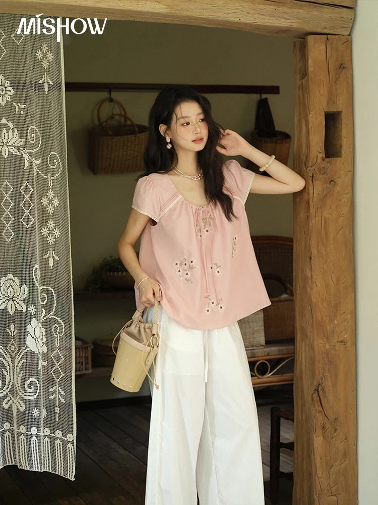 MISHOW Fashion Embroidery Flower Blouses for Woman 2025 Summer O-Neck Lace Up Flying Sleeve Lace Spliced Loose Top MXE39X1880