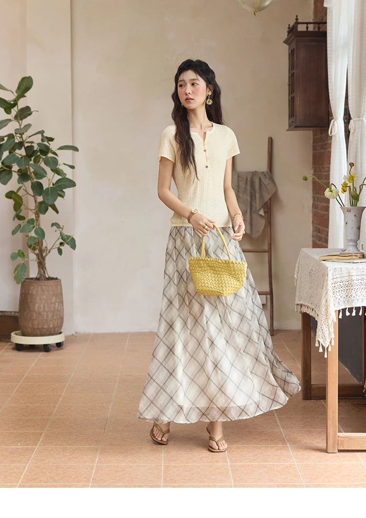 MISHOW Apricot Green Retro Plaid Skirt for Women Summer 2025 Pleated Chiffon High Waist Elegant Slim A-line Skirts MXE35B0747