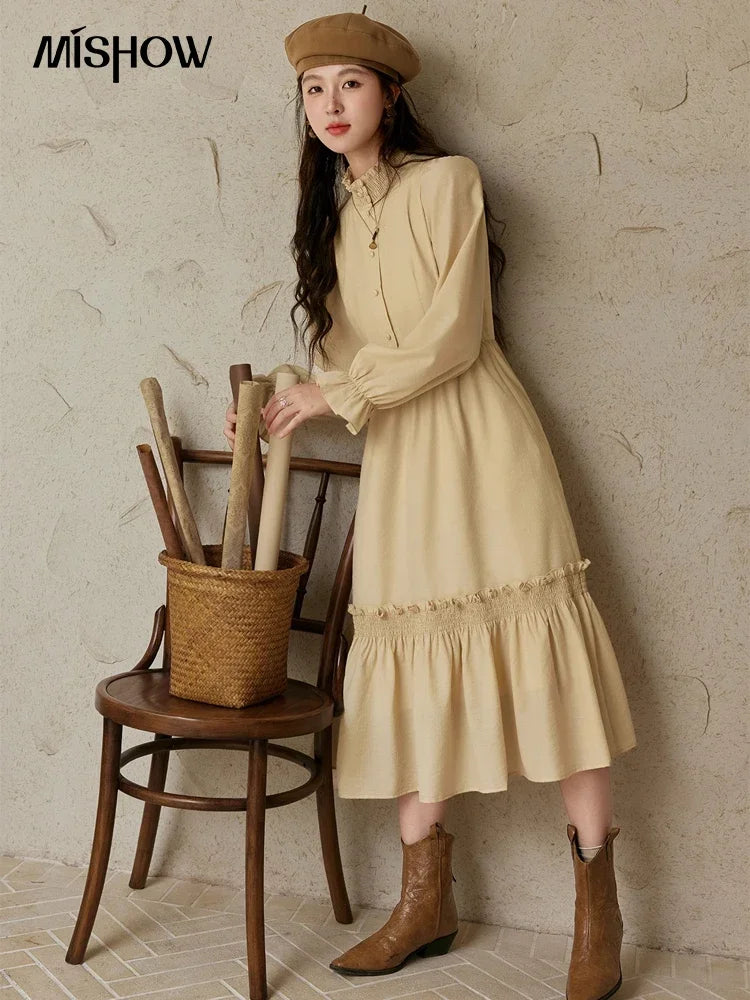 MISHOW French Stand Neck Elasticity Dress 2024 Autumn Waist Elegant A-line Dresses Elastic Lotus Leaf Sleeves Dress MPD42L2036