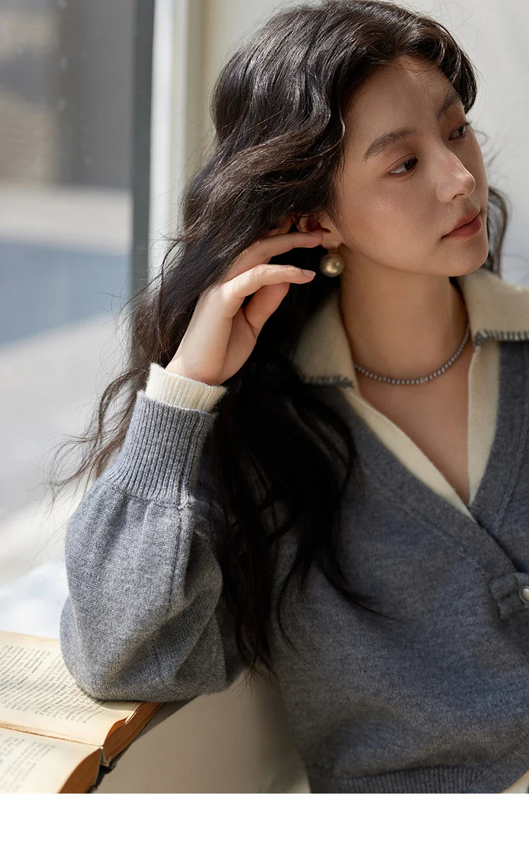 MISHOW Fake Two-piece Sweater Women Fashion Splicing Lapel Knitwear 2024 fall winter New Design Retro V-neck Cardigan MXD41Z0712