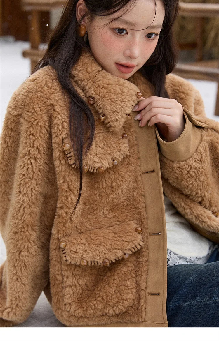 MISHOW Faux Lambskin Coat Women 2025 Winter Retro Turn-down Collar Brown Coat Office Lady Loose Warm Casual Jackets MXE89W0896